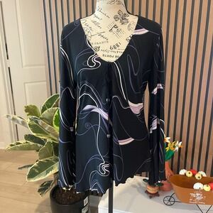 Suzie Sheer Black‎ Purple White Print Tie Neck Long Sleeve Blouse Size L